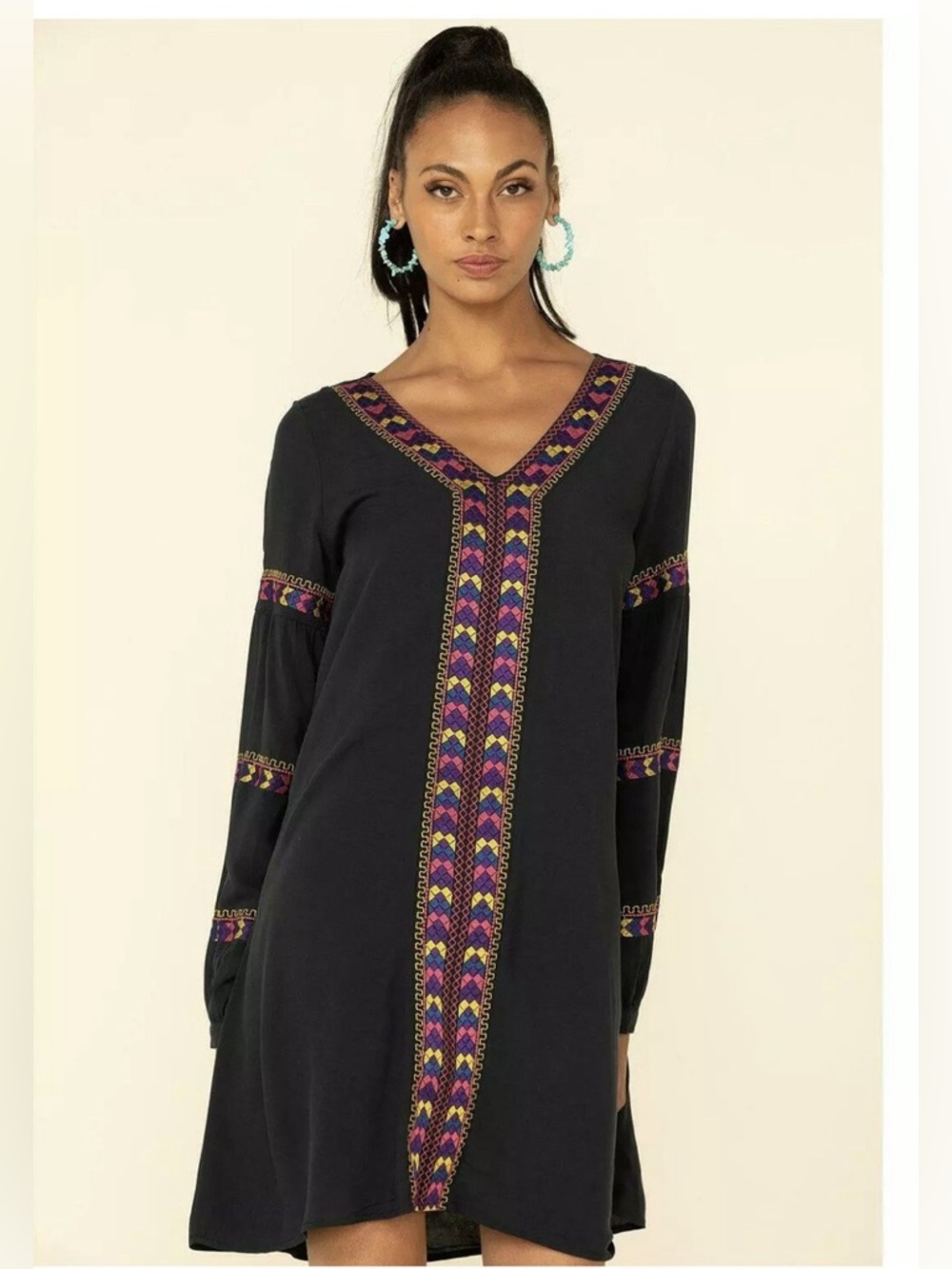 Wrangler Boho Embroidered Dress Navy Multicolor Geometric Peasant Sleeve Western